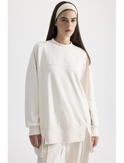 KADRİYE BAŞTÜRK MODAL ÖRME ASİMETRİK KESİM SWEATSHIRT - EKRU