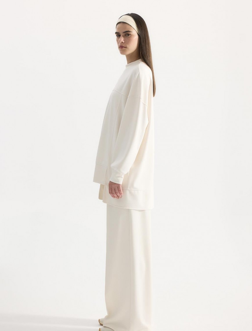 KADRİYE BAŞTÜRK MODAL ÖRME ASİMETRİK KESİM SWEATSHIRT - EKRU