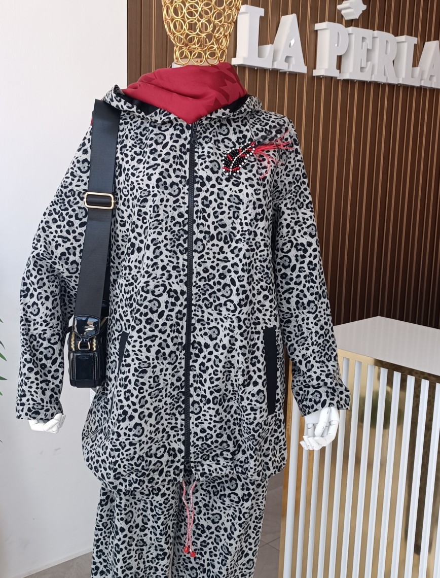 SOLİS LEOPAR DESENLİ İKİLİ TAKIM - GRİ